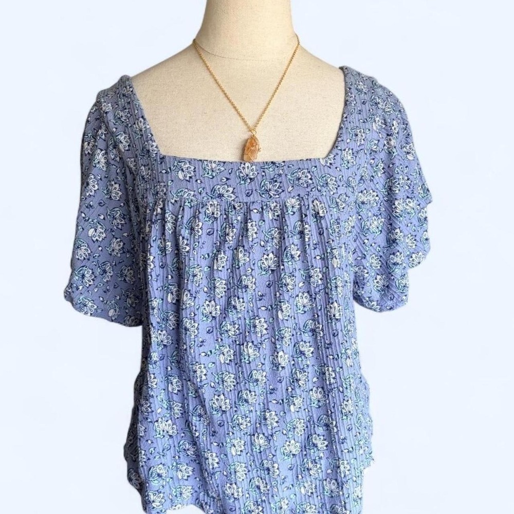 Lucky Brand Blue Floral Square Neck Short Sleeve Blouse S Cotton Modal Boho